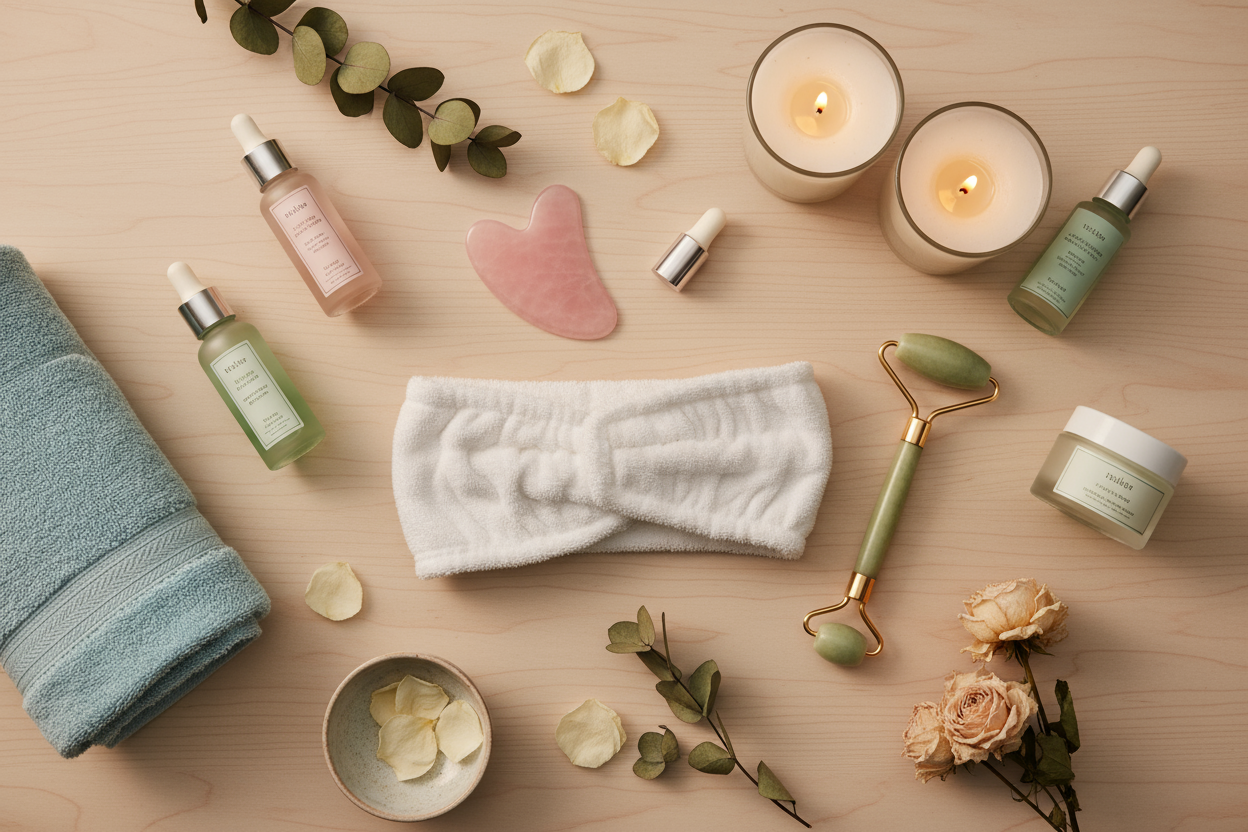 Génère moi une image qui inspire des temps calme des moments de tendresse avec sois avec un uistencille de massage lymphatique, un bandeau de maquillage et d’autres accessoires