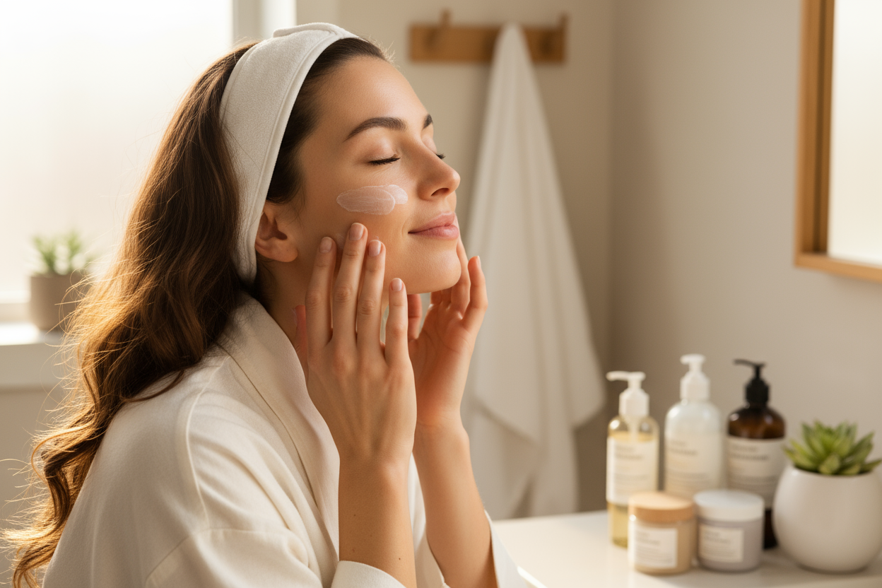 Générer l’image d’une femme qui prends soins de sa peau elle est apaisée , sereine 